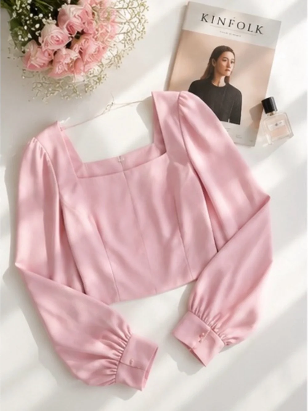 ASTR The Label Blush Pink Satin Square Neck Puff Sleeve Romantic Coquette Size M